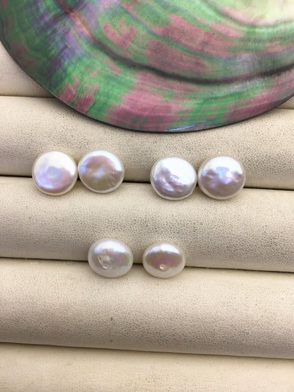 2 pairs AA+ 10-11mm White Coin Freshwater Pearls Pair,high luster- Coin Pearl-petite Pearl- 0.9mm bottom half hole,COIN10-3A-2