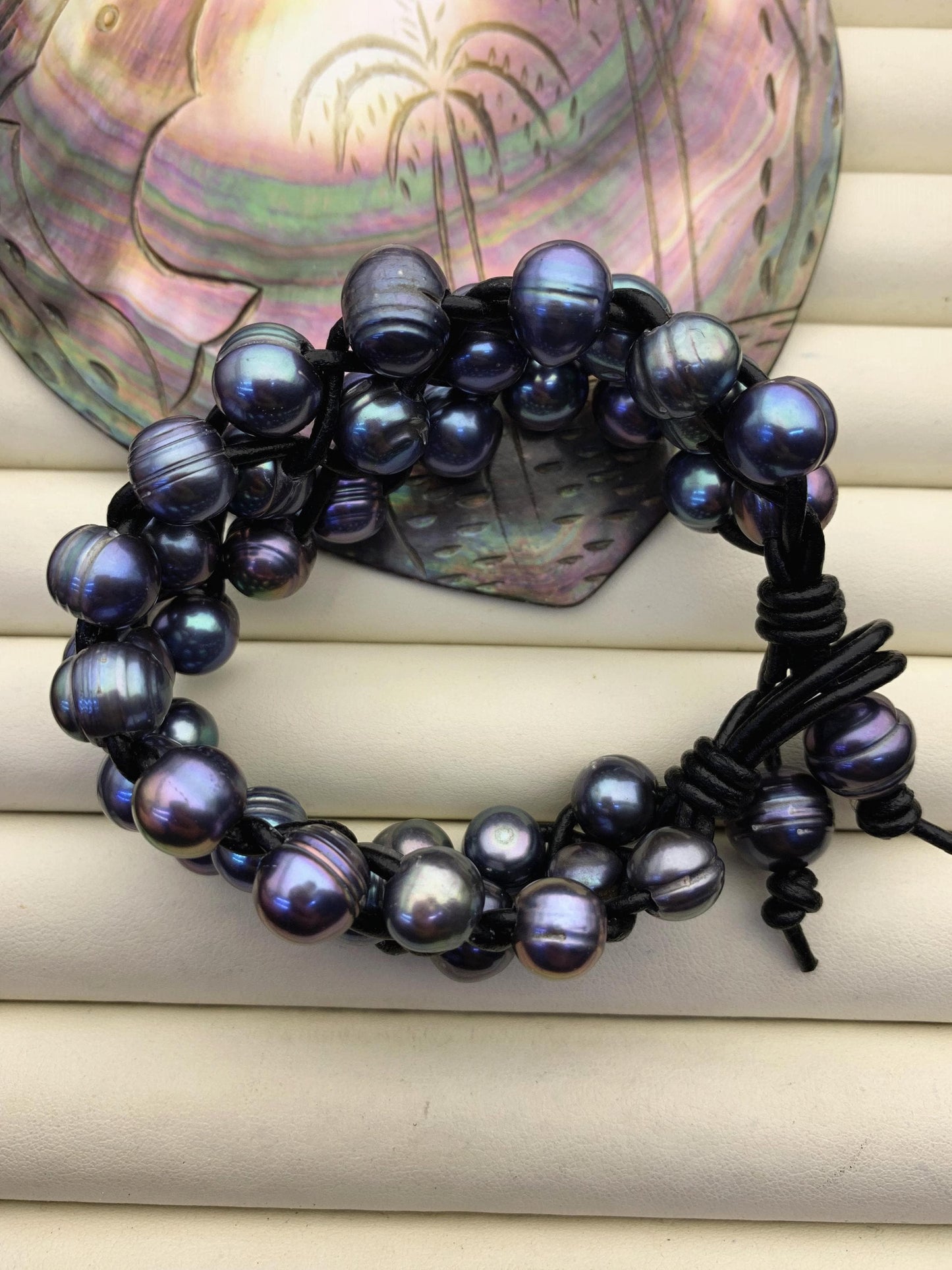 3 rows Black pearl bracelet,Leather Pearls Bracelet, Handmade Cuff,Black Pearls on Black Leather,Tan leather bracelet,Le8-029