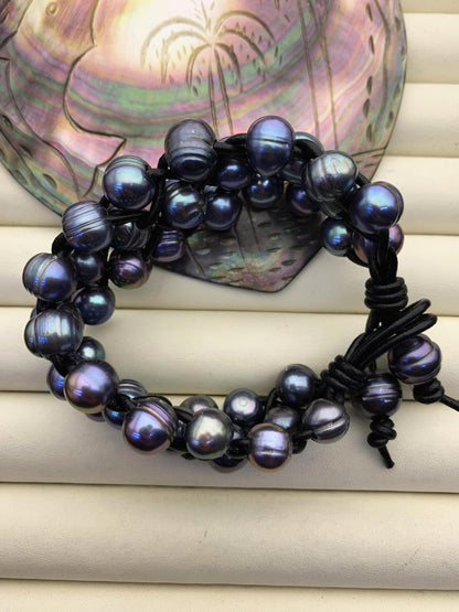 3 rows Black pearl bracelet,Leather Pearls Bracelet, Handmade Cuff,Black Pearls on Black Leather,Tan leather bracelet,Le8-029