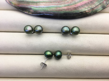AAA 8-8.5mm green pearl stud earrings, Sterling Silver,Wedding,Happiness,bridal,birthday,SE1-T31