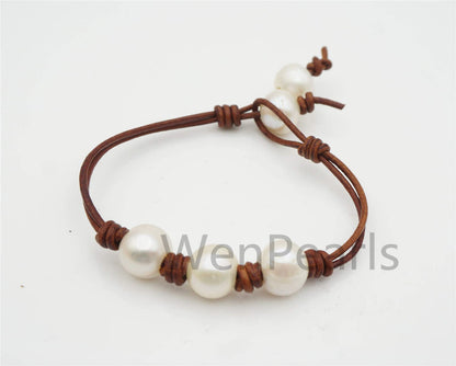fashion jewelry,White pearl Leather Pearls Bracelet - plait leather bracelet - Select Leather Color - Genuine freshwater pearl - Le7-131