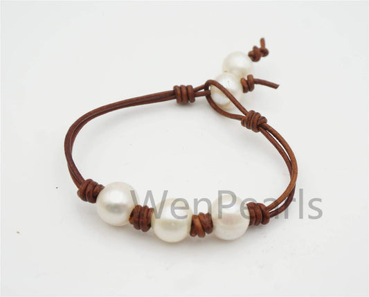 fashion jewelry,White pearl Leather Pearls Bracelet - plait leather bracelet - Select Leather Color - Genuine freshwater pearl - Le7-131