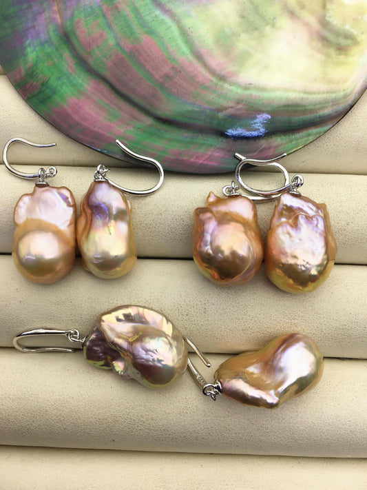 1 pair AAA 12-16mm natural orange rainbow flame ball pearl dangle sterling silver earrings,SE3-031-32