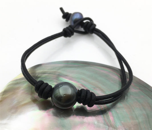 11mm Single Round Black Green Tahitian pearl Leather Cord bracelet,SELECT leather color, Pearl Leather bracelet,Le10-011