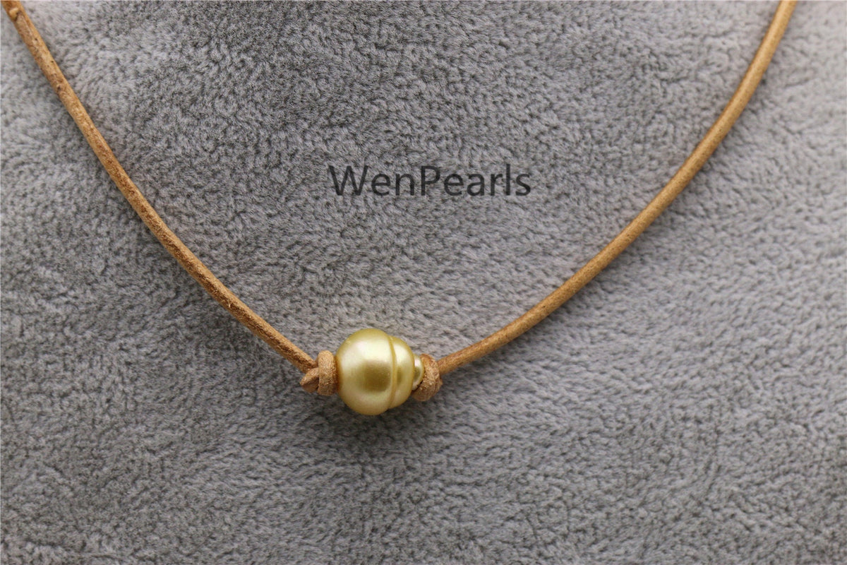 South Sea Golden Pearl Choker,Leather Necklace,High Luster pearl, Pearl Leather Necklace,Black Pearl,Black Leather Pearl necklace,Le11-014