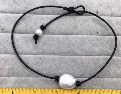 AAA White big Baroque Pearl necklace,Leather Pearl Choker,Pearl Leather Necklace,White Freshwater pearl,Black Leather Pearl necklace,Le1-081