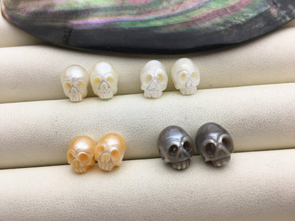 1 pair AAA 7-10mm White/Pink/Gray/Black HandMade Carved Skull Freshwater Pearl Beads For Earrings,CAC-SKU-008