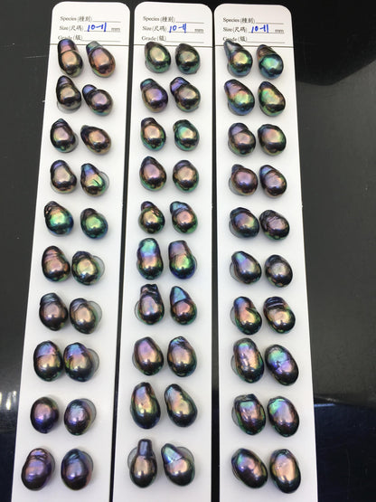 10pairs AAA 10-11mm Black Rainbow long baroque drop edison freshwater pearl Pair,top half hole,ED11-3A-2-29
