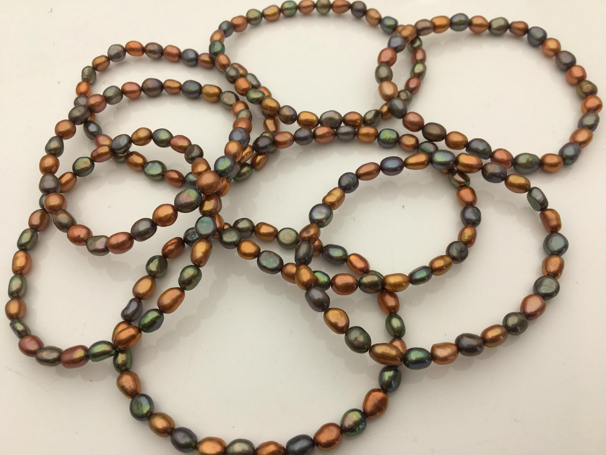 3pcs 7.5 inches AAA 5-6mm Brown Green Mix Color Nugget Freshwater pearl Elastic string Bracelet,B8-017