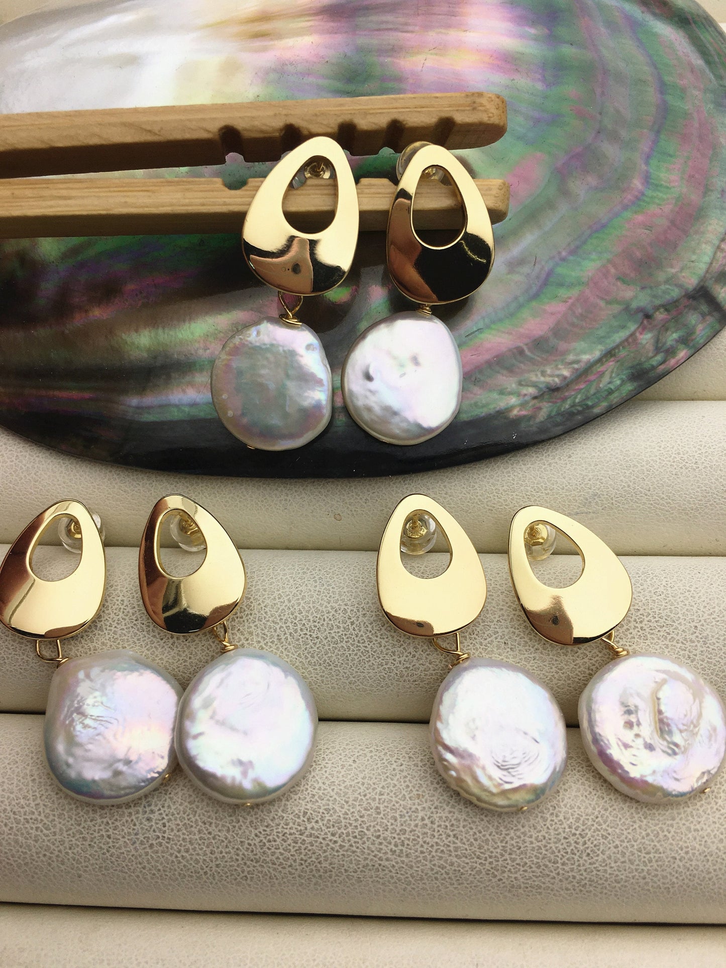 Big 15-16mm White Coin freshwater pearl stud earrings,wedding pearl earrings,SE3-131-87