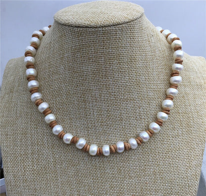 Freshwater pearl and leather necklace,Baroque Freshwater Pearl Necklace,white pearl necklace,wholesale,Le1-020