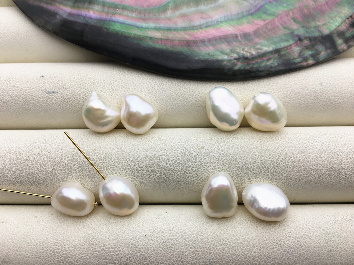 2 pairs AAA 8.5-9.4mm White Nugget baroque loose pearl ,through hole, for dangle earrings - Freshwater Pearls earrings - ZS-103-37-44