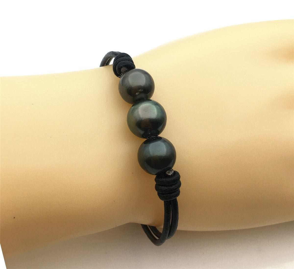 11mm Three Round Green Black Tahitian pearl Leather Cord bracelet,SELECT leather color, Pearl Leather bracelet,Le10-012