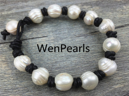 11mm big pearl bracelet,Leather Pearls Bracelet, Handmade Cuff,White Pearls on Brown Leather,Black leather bracelet,Le7-029
