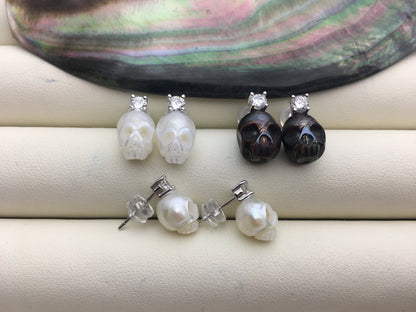AAA White/Black Carved Skull Freshwater Pearl Stud Earrings,Pearl Earrings for Women Girls,SE3-027-20