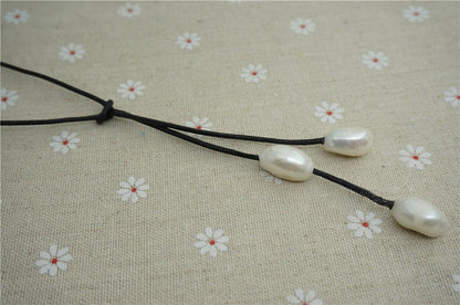 Freshwater Pearl and Leather Lariat Necklace, Light Brwon Leather Pearl necklace, Leather baroque pearl necklace,Le1-076