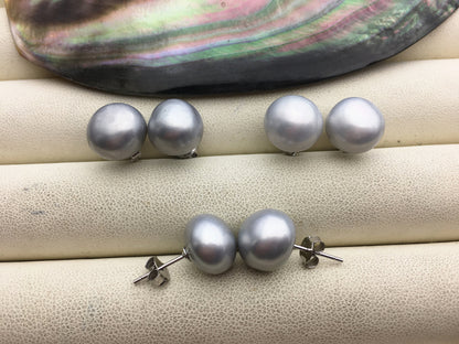 AAA 11-12mm big Silver gray button round Pearl Stud Earrings,freshwater pearl earrings,Wedding,classic pearl studs,SE1-069-13