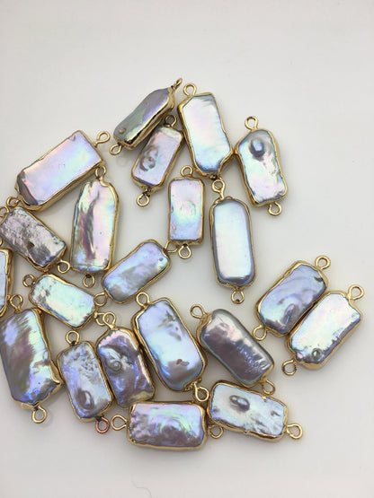 5pcs AA+ 9-11mm Gray block Pearl Double Bail Connector Charm with Gold Electroplated Edge for make Earrings bracelet necklace,EDG-018