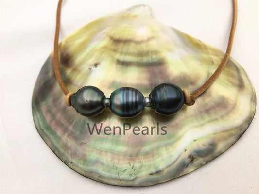 Three Tahitian Pearl Choker,Leather Necklace,High Luster,Pearl Leather Necklace,Black Leather Pearl necklace,Black pearl necklace,Le11-016
