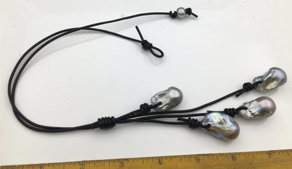 Four Gray Flame ball pearl and leather necklace,Baroque Freshwater Pearl Drop Necklace,Flaming ball pearl necklace,wholesale,Le4-059