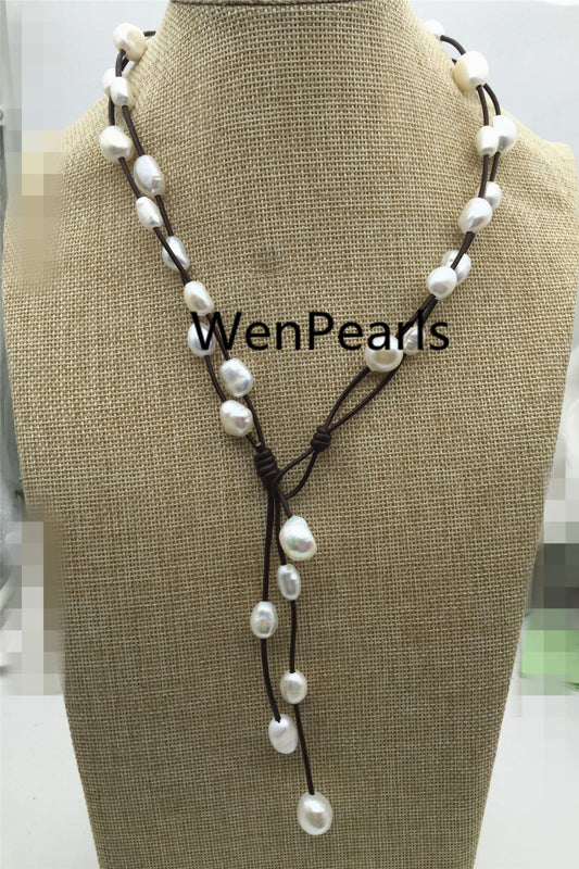 Two Rows Baroque pearl leather necklace,Pearl and Leather Lariat Necklace,Leather Pearl necklace,Leather baroque pearl necklace,Le3-040