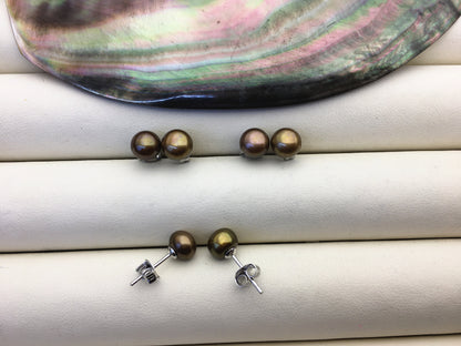 1 pair AAA 6-7mm Brown Stud Earrings,Sterling Silver,Wedding,classic pearl studs,SE1-T22