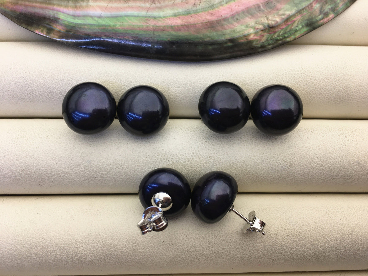 AAA 12-13mm big black blue pearl stud earrings,Sterling Silver,SE1-072