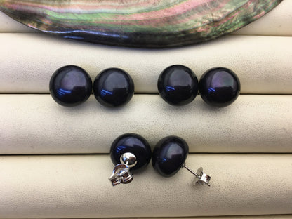 AAA 12-13mm big black blue pearl stud earrings,Sterling Silver,SE1-072