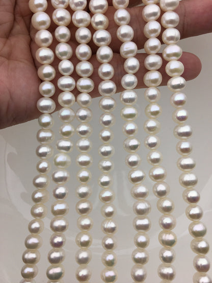 AA+ 6.3-7.3mm White potato pearls, around 58pcs,potato shape pearl,Full Strand,Freshwater Pearl Near round Beads,CR7-2A-3
