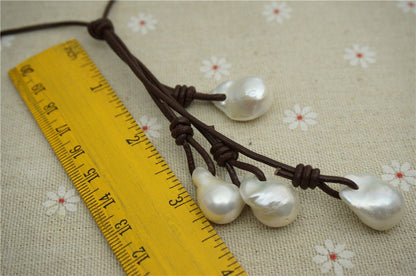 Flameball Freshwater Pearl and Leather Drop Necklace,Huge pearl necklace,Pearl Leather Necklace,White Leather Pearl necklace,Le2-037