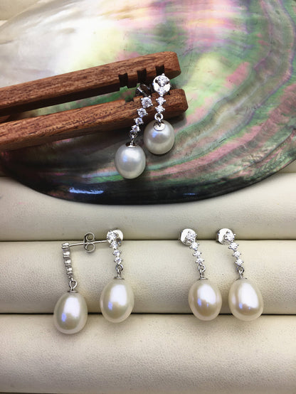 AAA 9mm White rice pearl cz stud earrings,zircon S925 Sterling Sliver pearl earrings,pearl for women for girl,SE3-T26