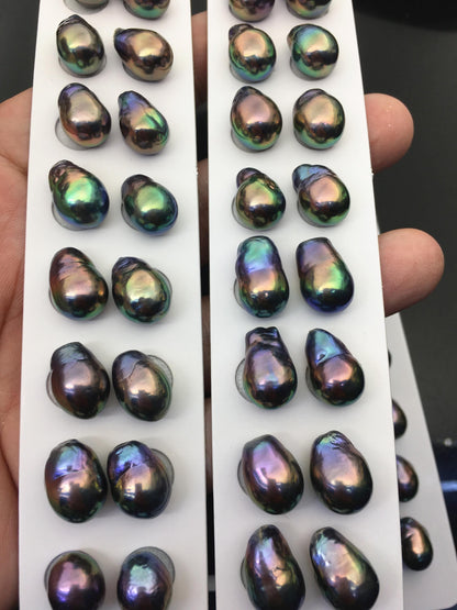 10pairs AAA 10-11mm Black Rainbow long baroque drop edison freshwater pearl Pair,top half hole,ED11-3A-2-29