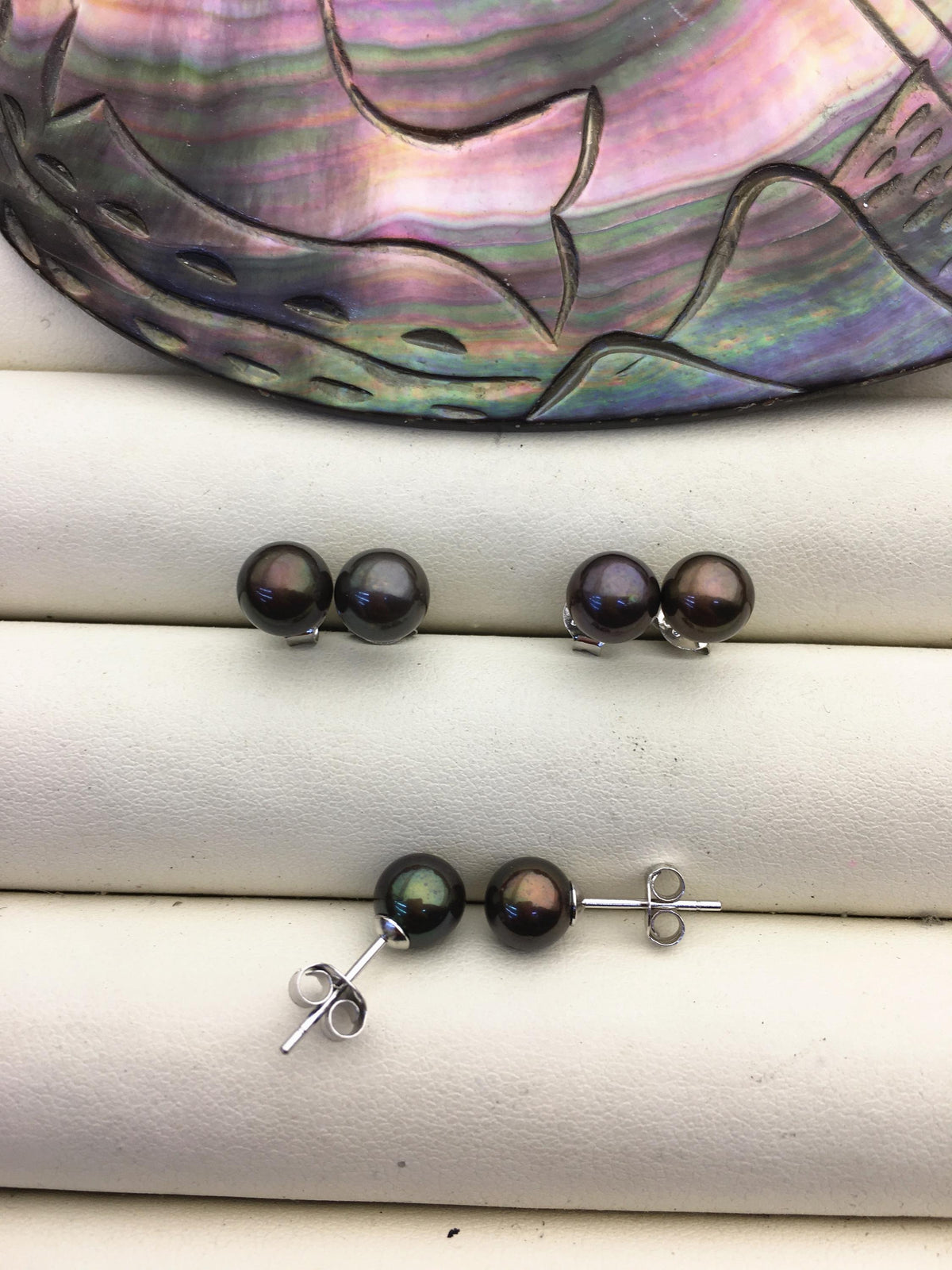 1 pair AAA 6.5-7mm Deep Green Round Pearl Stud Earrings,Sterling Silver,Wedding,classic pearl studs,SE1-T24