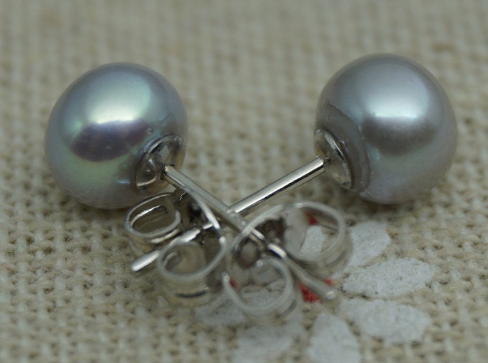 AAA+ 4mm-12mm Gray Pearl Stud Earrings, button round,Select Size,silver grey pearl stud earrings,Sterling Silver,Wedding,SE1-007