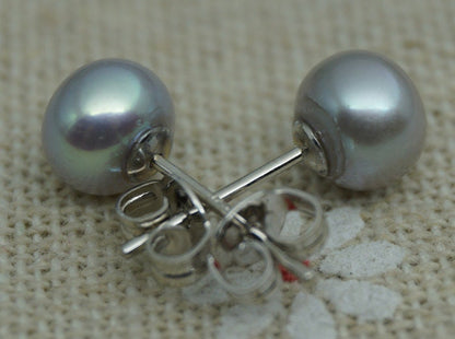 AAA+ 4mm-12mm Gray Pearl Stud Earrings, button round,Select Size,silver grey pearl stud earrings,Sterling Silver,Wedding,SE1-007