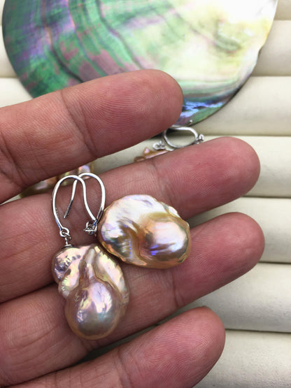 1 pair AAA 12-16mm natural orange rainbow flame ball pearl dangle sterling silver earrings,SE3-031-32