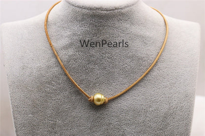 South Sea Golden Pearl Choker,Leather Necklace,High Luster pearl, Pearl Leather Necklace,Black Pearl,Black Leather Pearl necklace,Le11-014