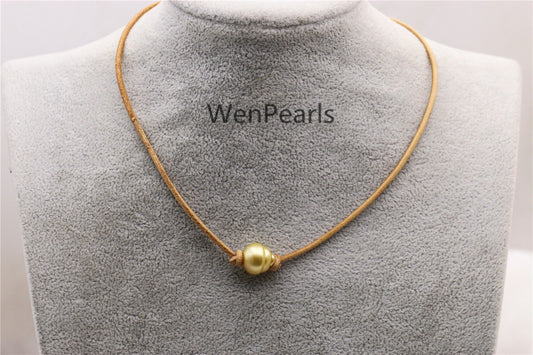 South Sea Golden Pearl Choker,Leather Necklace,High Luster pearl, Pearl Leather Necklace,Black Pearl,Black Leather Pearl necklace,Le11-014