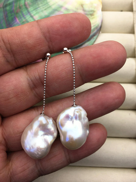1 pair AAA 13-17mm white flame ball pearl stud earrings,sterling silver,earring with white baroque Natural Pearl,SE3-031-25