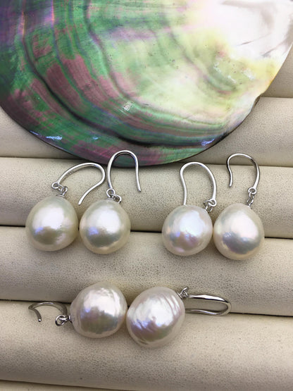 1 pair AAA 13-14mm white drop edison pearl dangle earrings,S925 Sterling Sliver earrings,wedding pearl earrings,SE3-T9-1