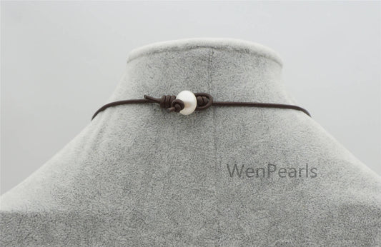 White big Rice pearl leather drop necklace,Pearl and Leather Lariat Necklace,Leather Pearl necklace,Le4-102