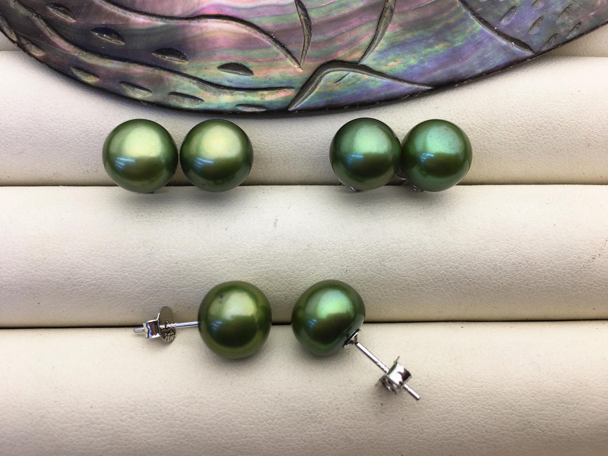 1 pair AAA 9.5-10mm Green Pearl stud Earrings,sterling silver,SE1-T32
