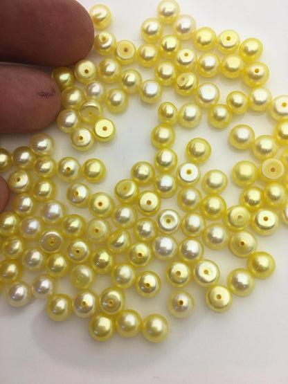 20pcs AAA 6-6.5mm yellow Button Round pearls,0.9mm half hole,BTN6-T6