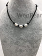 Three Big Pearl Leather necklace, White Freshwater pearl, Birthday,Black Leather Pearl necklace,Select leather color,Le4-029