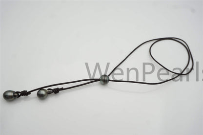 Big Tahitian pearl necklace, Pearl and Leather Lariat Necklace, Light Brwon Leather Pearl necklace,Sea pearl, Black pearl necklace,Le11-023