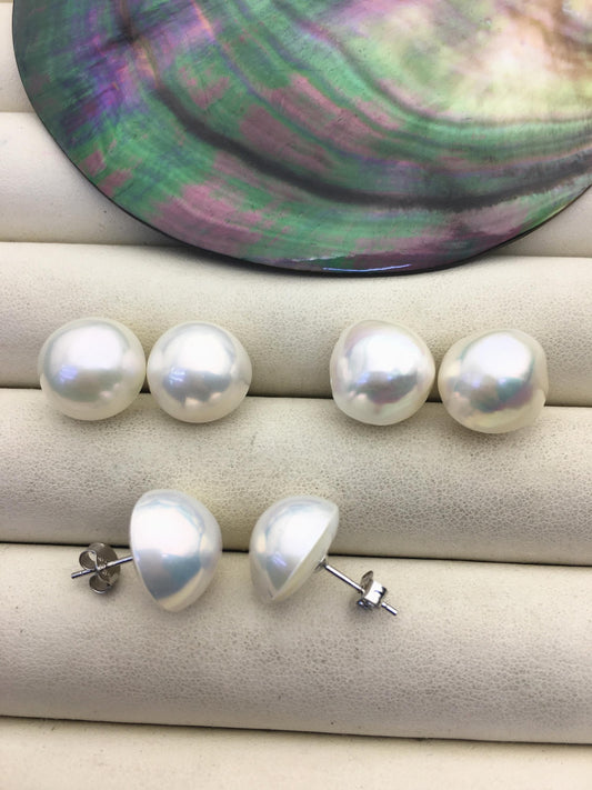 High Luster!1 pair AAA 13-14mm Mabe Half Ball Freshwater Pearl stud earrings,SE3-022-3