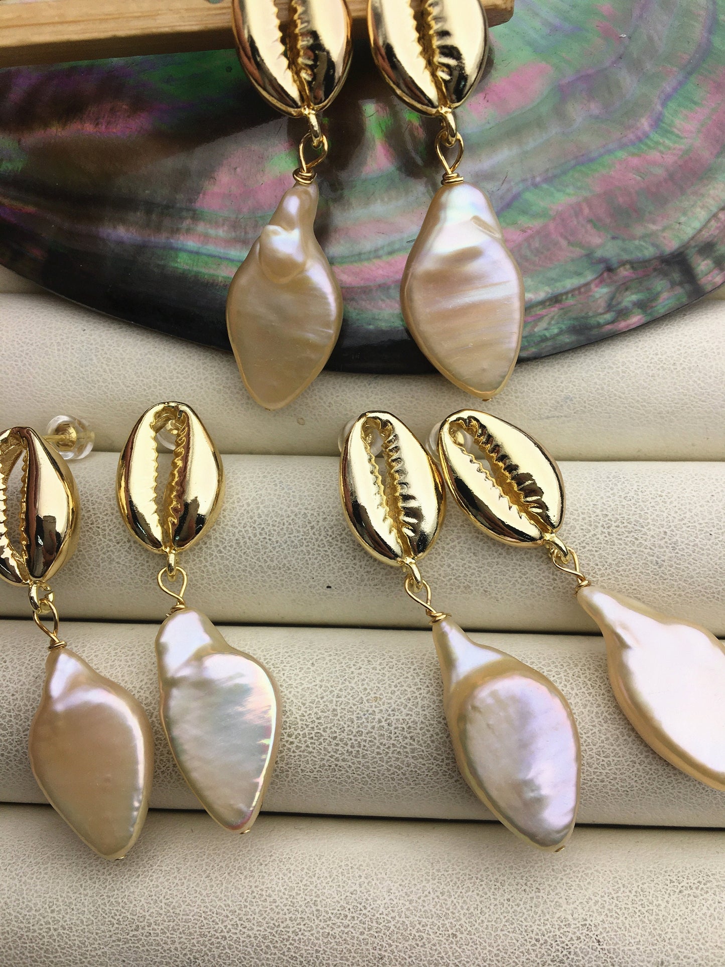 AAA big natural rainbow keshi baroque freshwater pearl gold shell stud earrings,wedding pearl earrings,SE3-131-78