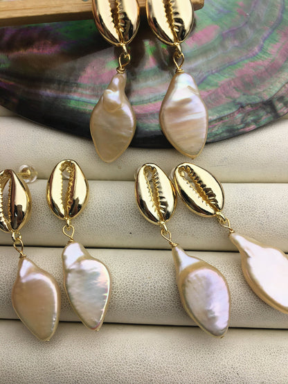 AAA big natural rainbow keshi baroque freshwater pearl gold shell stud earrings,wedding pearl earrings,SE3-131-78