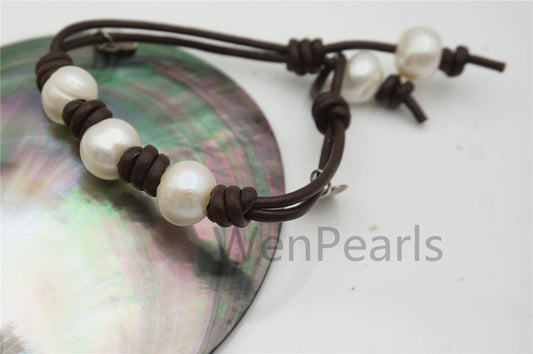 3 Pearl leather bracelet,11mm potato white pearl,Select leather color,Handmade Cuff,Le7-112