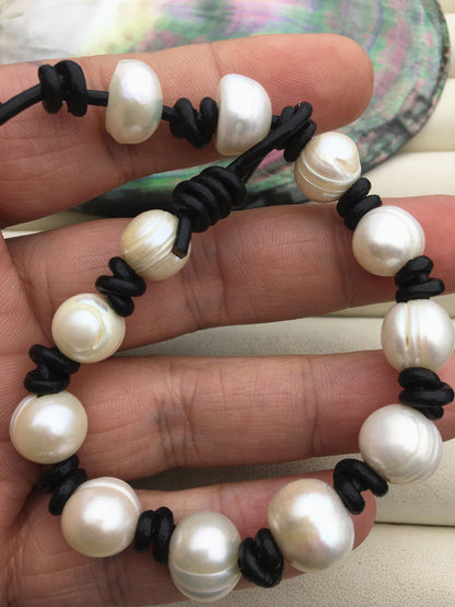 11mm white big pearl black leather HandMade bracelet,Leather Pearls Bracelet, Le21-001